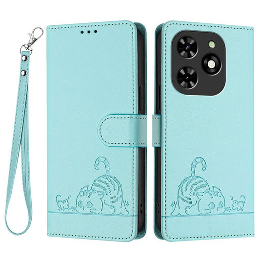 YB Imprinting Series-9 for TECNO Spark Go 2024 4G / Spark 20C Case Cat Mouse Pattern Leather Wallet Phone Cover - Mint Green