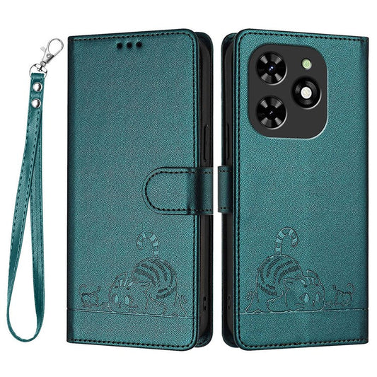 YB Imprinting Series-9 for TECNO Spark Go 2024 4G / Spark 20C Case Cat Mouse Pattern Leather Wallet Phone Cover - Dark Green