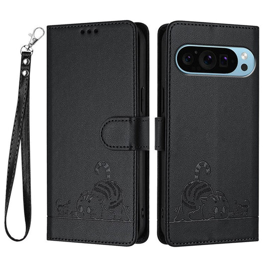 YB Imprinting Series-9 for Google Pixel 9 / 9 Pro Case PU Leather Cat Mouse Folio Phone Cover - Black