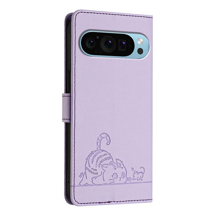 YB Imprinting Series-9 for Google Pixel 9 / 9 Pro Case PU Leather Cat Mouse Folio Phone Cover - Purple
