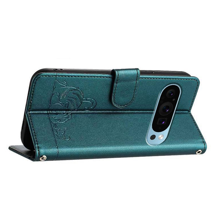 YB Imprinting Series-9 for Google Pixel 9 Pro / Pixel 9 Case Cat Mouse Wallet Leather Phone Cover - Dark Green