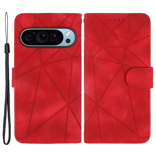 For Google Pixel 9 Pro XL Case Wallet Line Pattern Skin-touch Phone Leather Cover - Red
