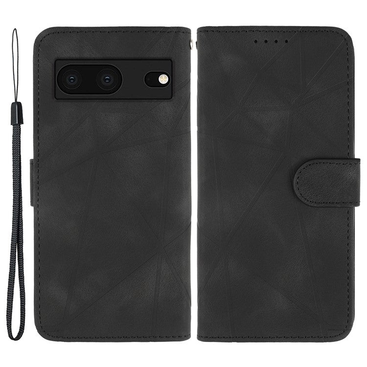 For Google Pixel 8 Case Imprinted Lines Skin-Friendly Flip Leather Phone Cover - Black