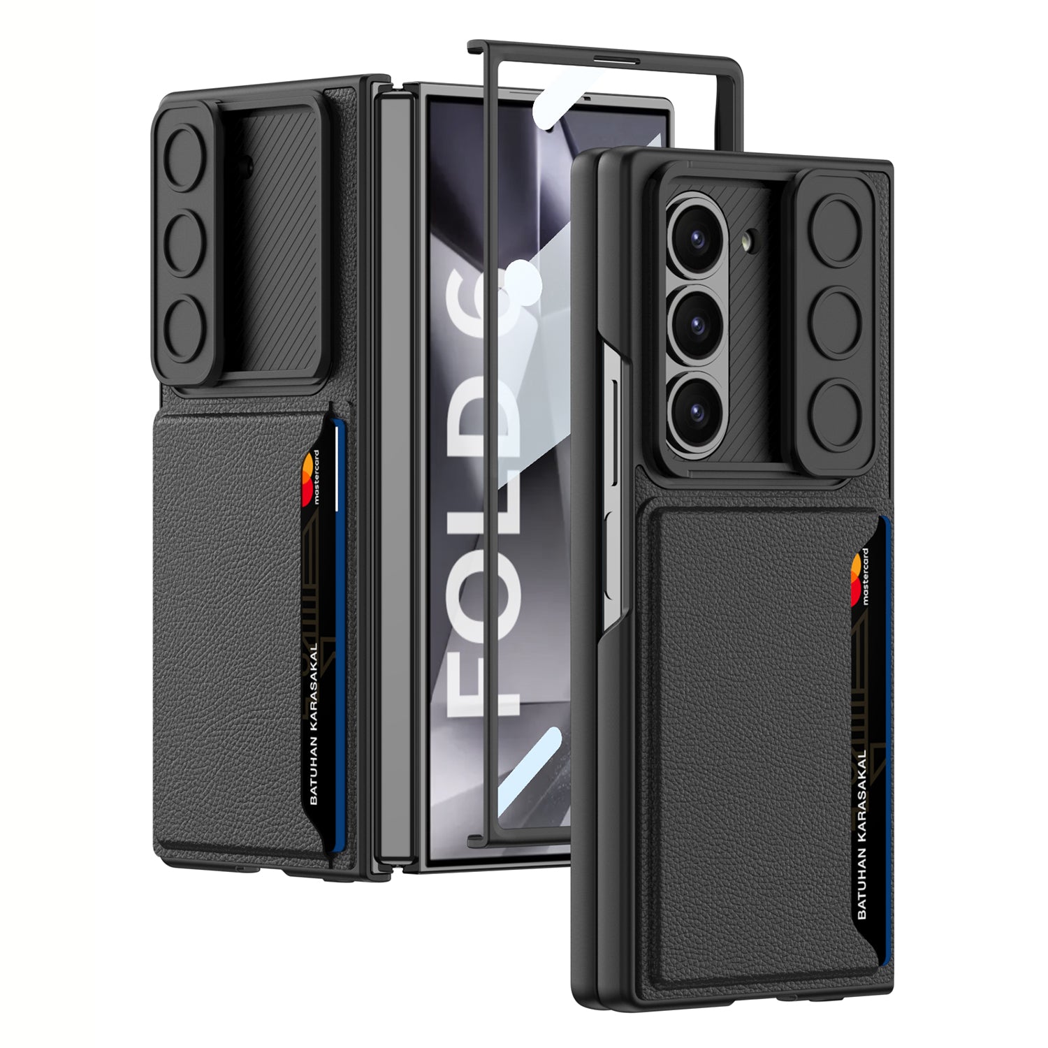 GKK For Samsung Galaxy Z Fold6 5G Case Card Holder Phone Cover with Tempered Glass Film - Black