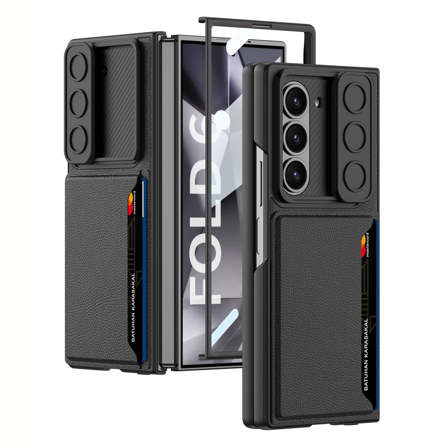 GKK For Samsung Galaxy Z Fold6 5G Case Card Holder Phone Cover with Tempered Glass Film - Black