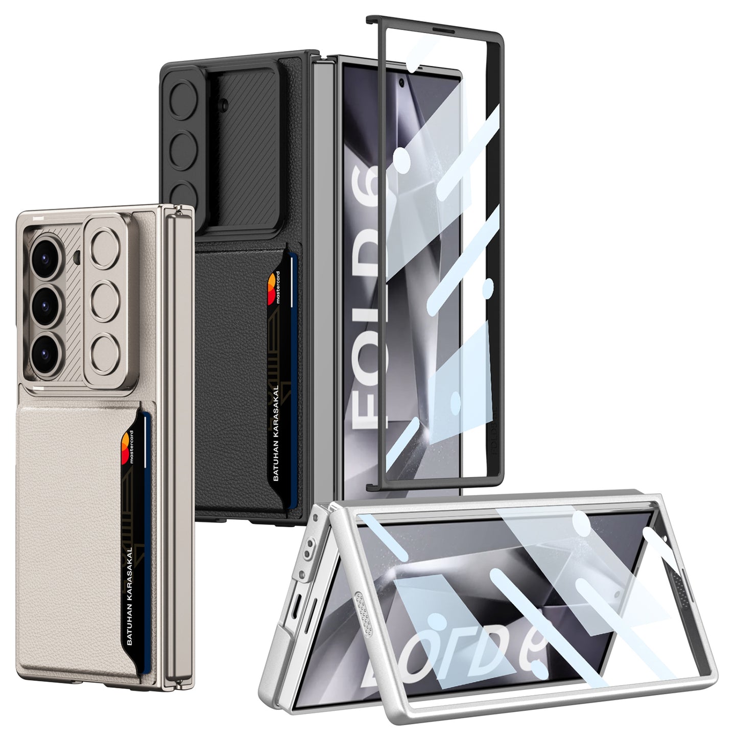 GKK For Samsung Galaxy Z Fold6 5G Case Card Holder Phone Cover with Tempered Glass Film - Titanium Grey