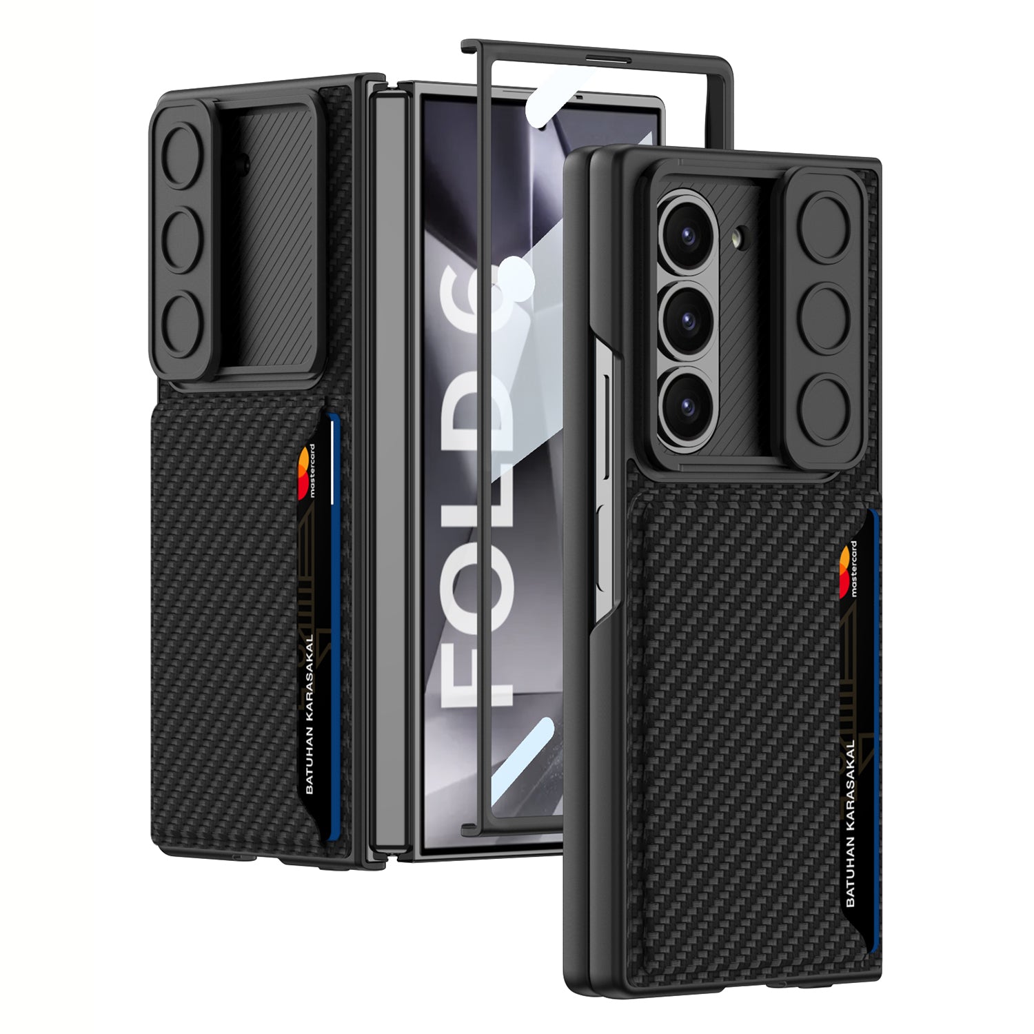 GKK For Samsung Galaxy Z Fold6 5G Case Card Holder Phone Cover with Tempered Glass Film - Carbon Fiber