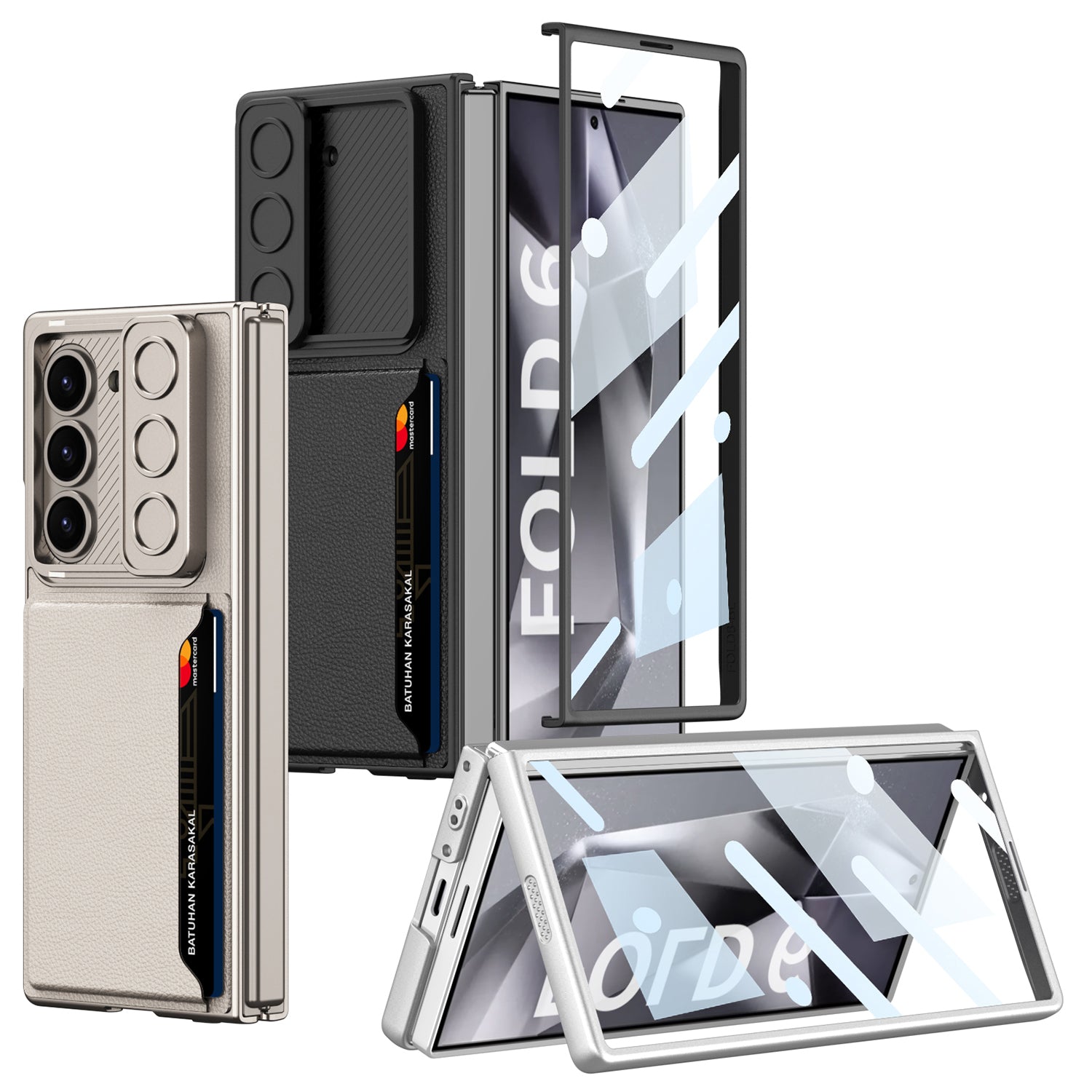 GKK For Samsung Galaxy Z Fold6 5G Case Card Holder Phone Cover with Tempered Glass Film - Carbon Fiber