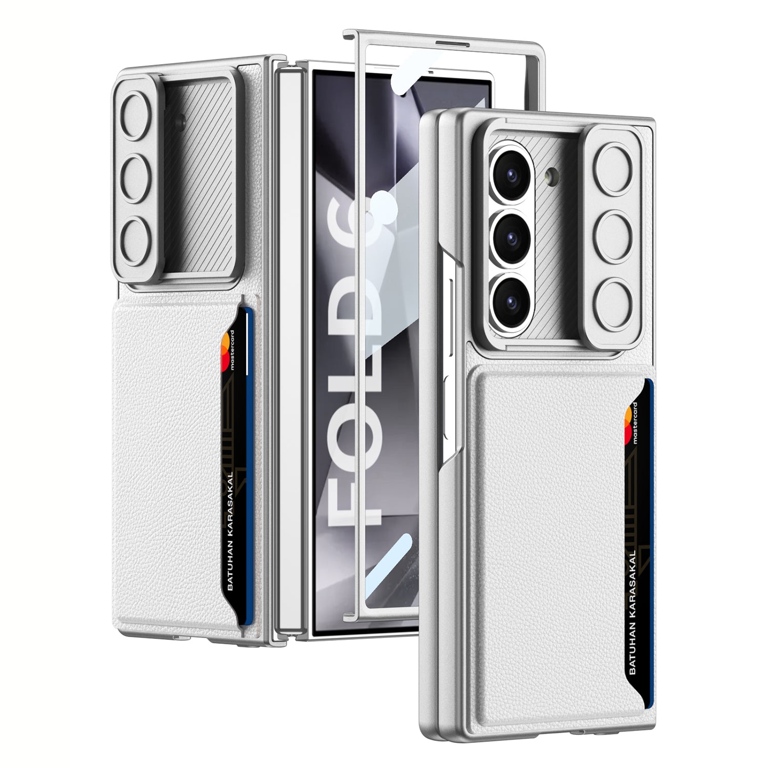 GKK For Samsung Galaxy Z Fold6 5G Case Card Holder Phone Cover with Tempered Glass Film - Silver