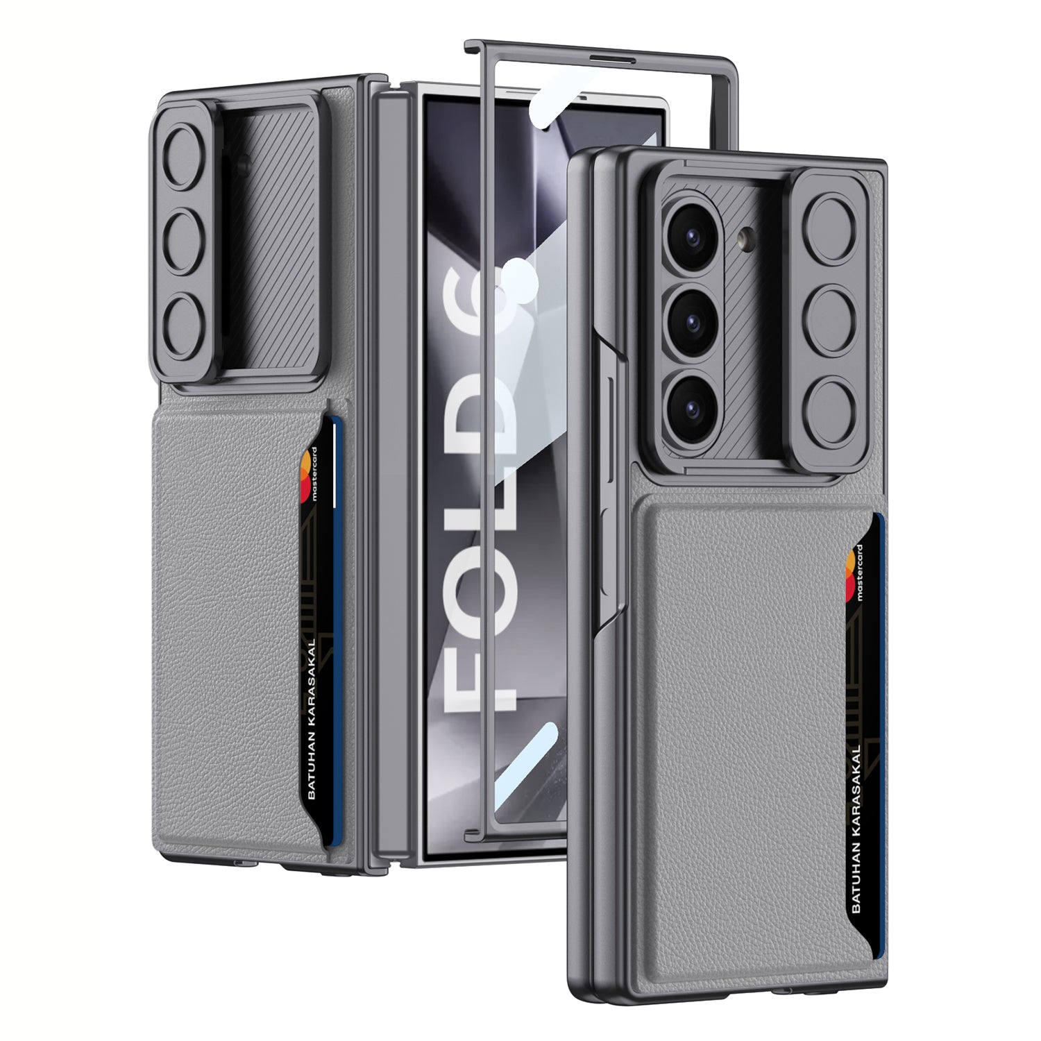 GKK For Samsung Galaxy Z Fold6 5G Case Card Holder Phone Cover with Tempered Glass Film - Grey