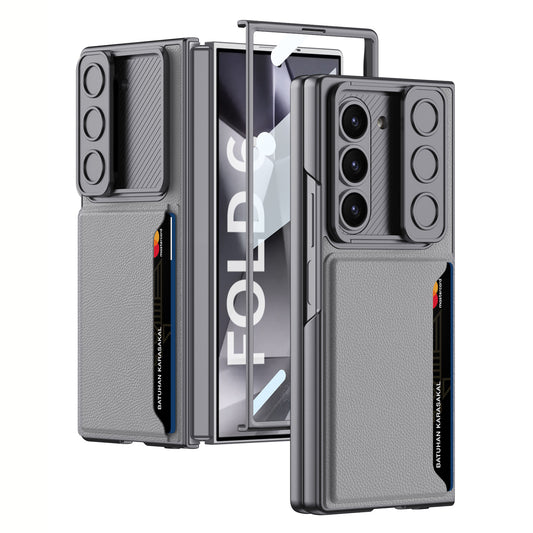 GKK For Samsung Galaxy Z Fold6 5G Case Card Holder Phone Cover with Tempered Glass Film - Grey