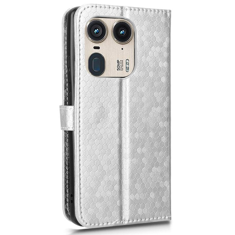 For Motorola Edge 50 Ultra 5G / Moto X50 Ultra 5G Case Leather Flip Stand Phone Cover Dot Pattern - Silver