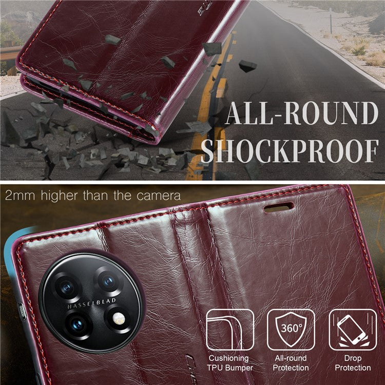 CASEME 003 Series For OnePlus 11 5G Case Leather Phone Cover with Wallet Stand - Wine Red