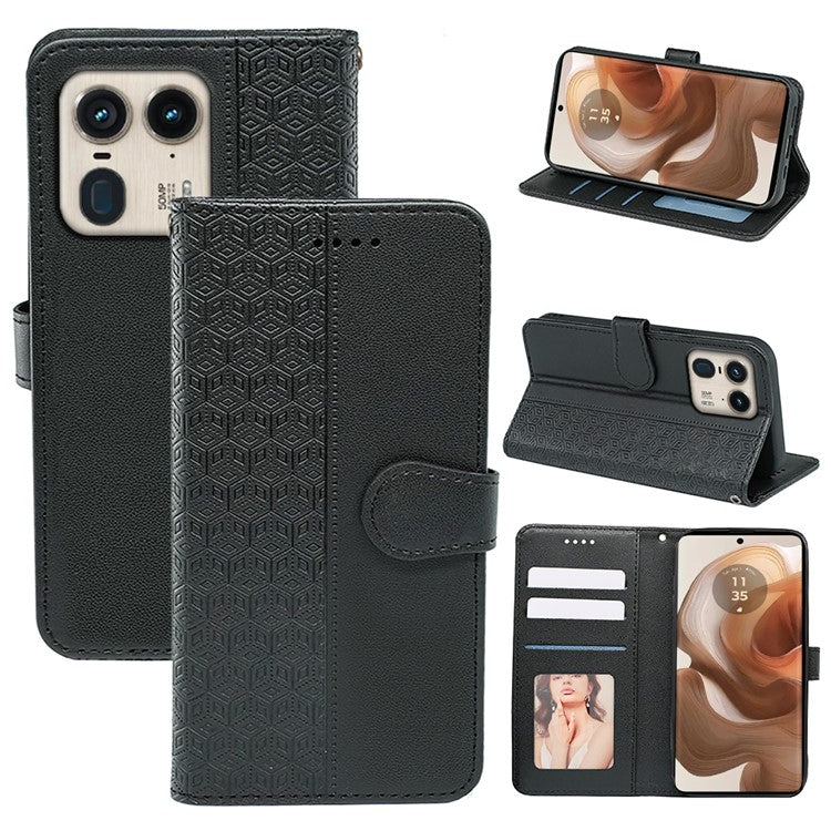For Motorola Edge 50 Ultra 5G / Moto X50 Ultra 5G Phone Case Cubic Grid Imprint PU Leather Folio Flip Cover - Black