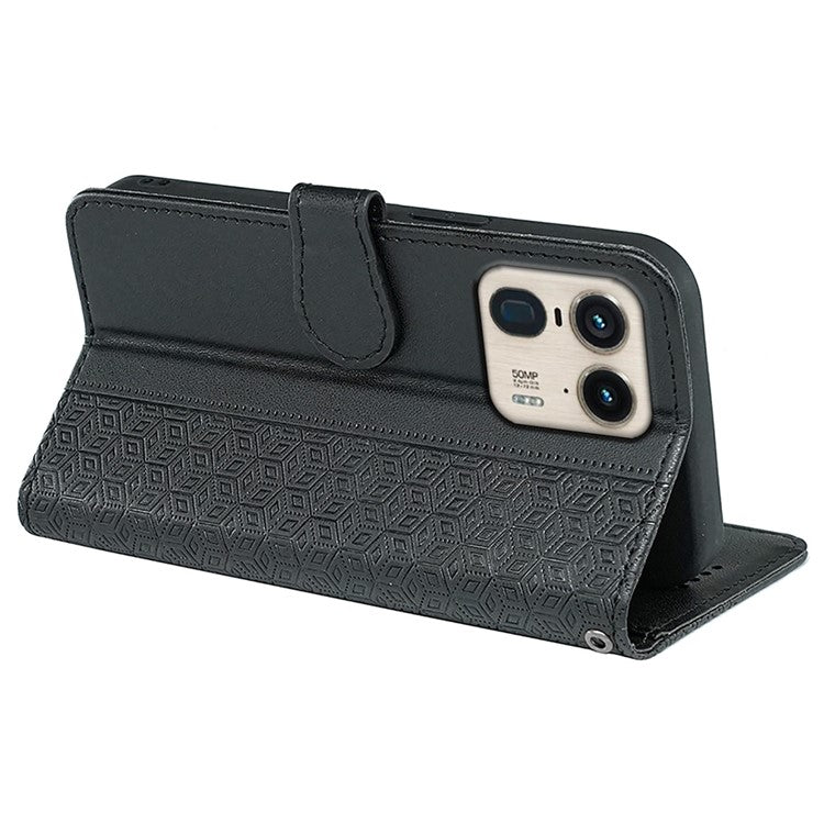For Motorola Edge 50 Ultra 5G / Moto X50 Ultra 5G Phone Case Cubic Grid Imprint PU Leather Folio Flip Cover - Black