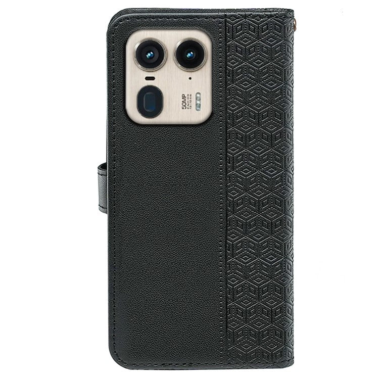 For Motorola Edge 50 Ultra 5G / Moto X50 Ultra 5G Phone Case Cubic Grid Imprint PU Leather Folio Flip Cover - Black