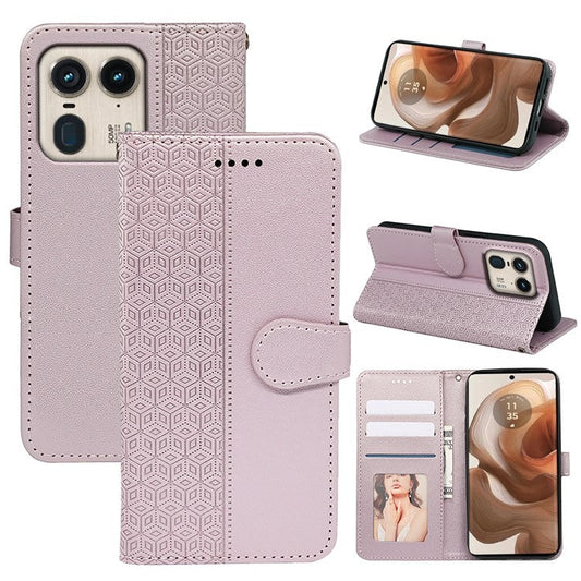 For Motorola Edge 50 Ultra 5G / Moto X50 Ultra 5G Phone Case Cubic Grid Imprint PU Leather Folio Flip Cover - Rose Gold