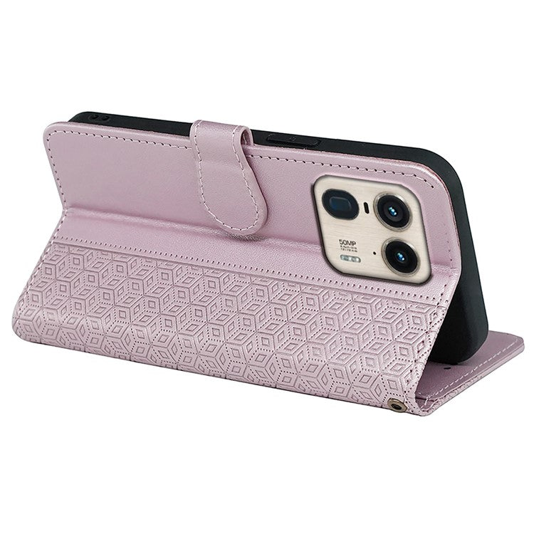 For Motorola Edge 50 Ultra 5G / Moto X50 Ultra 5G Phone Case Cubic Grid Imprint PU Leather Folio Flip Cover - Rose Gold
