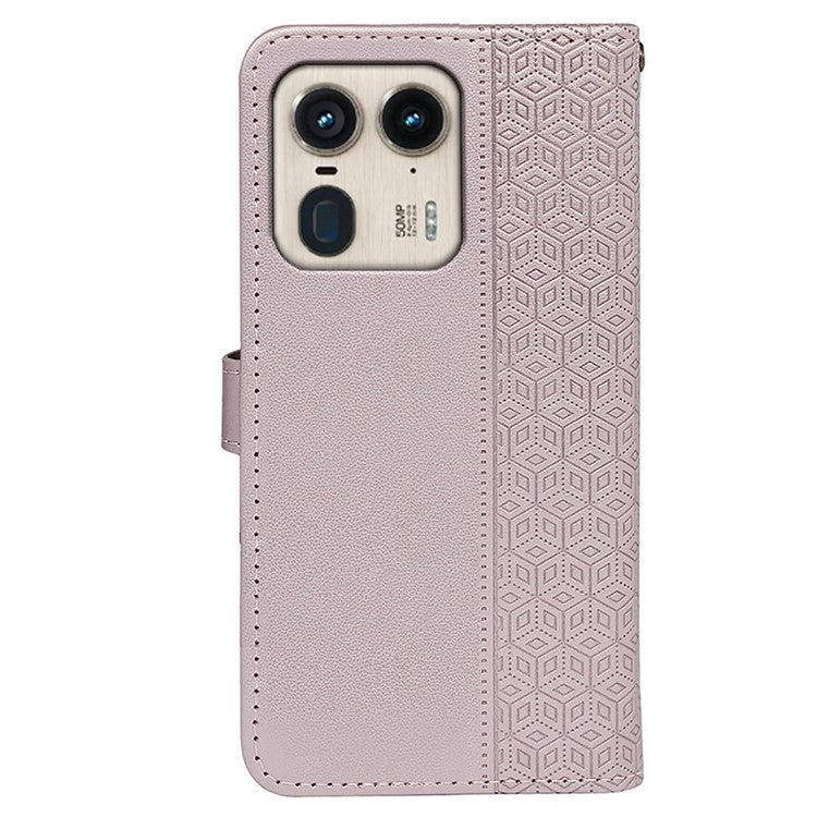 For Motorola Edge 50 Ultra 5G / Moto X50 Ultra 5G Phone Case Cubic Grid Imprint PU Leather Folio Flip Cover - Rose Gold