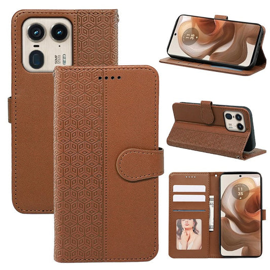 For Motorola Edge 50 Ultra 5G / Moto X50 Ultra 5G Phone Case Cubic Grid Imprint PU Leather Folio Flip Cover - Brown