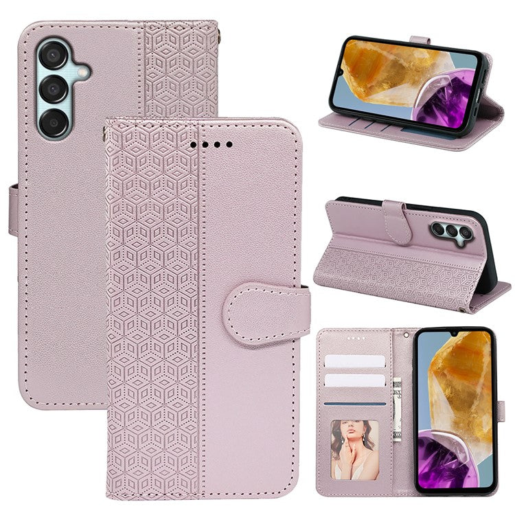For Samsung Galaxy M15 5G / F15 5G Phone Case Cubic Grid Imprint PU Leather Wallet Cover - Rose Gold
