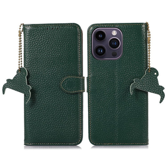 For iPhone 16 Pro Case RFID Blocking Genuine Cow Leather Phone Cover Wallet Litchi Texture - Green