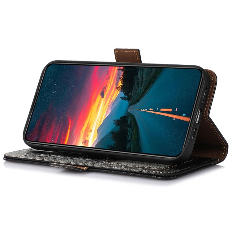 For iPhone 16 Pro Case Ostrich Texture Genuine Cow Leather Phone Cover RFID Blocking - Black