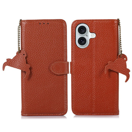 For iPhone 16 Wallet Case Genuine Cow Leather Phone Cover RFID Blocking Litchi Grain - Brown