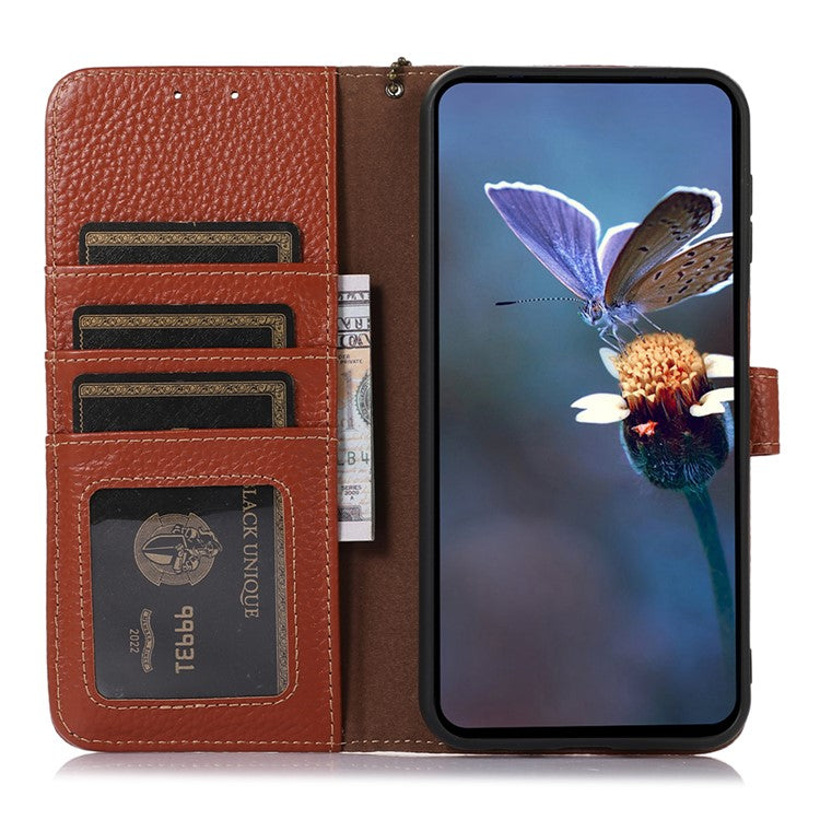 For iPhone 16 Wallet Case Genuine Cow Leather Phone Cover RFID Blocking Litchi Grain - Brown
