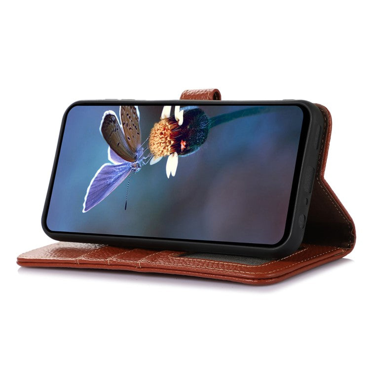 For iPhone 16 Wallet Case Genuine Cow Leather Phone Cover RFID Blocking Litchi Grain - Brown
