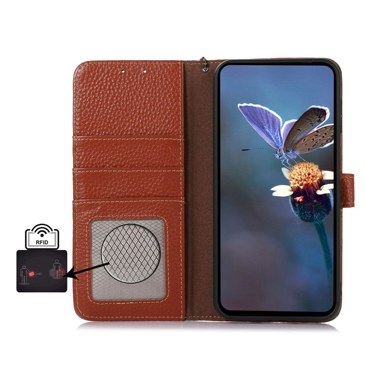 For iPhone 16 Wallet Case Genuine Cow Leather Phone Cover RFID Blocking Litchi Grain - Brown