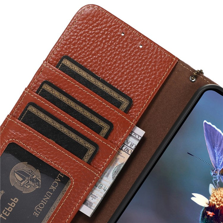 For iPhone 16 Wallet Case Genuine Cow Leather Phone Cover RFID Blocking Litchi Grain - Brown