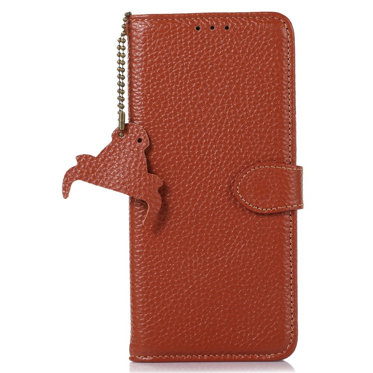 For iPhone 16 Wallet Case Genuine Cow Leather Phone Cover RFID Blocking Litchi Grain - Brown
