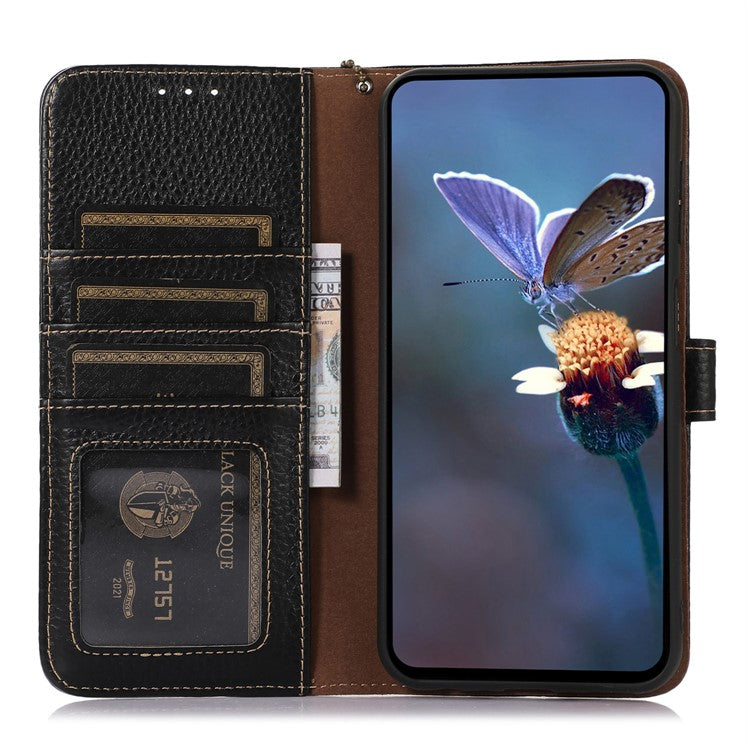 For iPhone 16 Plus Case Genuine Cow Leather Litchi Texture Phone Cover RFID Blocking Flip Stand - Black