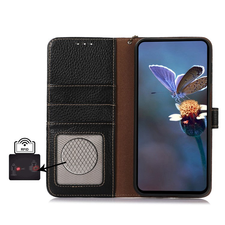 For iPhone 16 Plus Case Genuine Cow Leather Litchi Texture Phone Cover RFID Blocking Flip Stand - Black