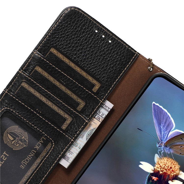 For iPhone 16 Plus Case Genuine Cow Leather Litchi Texture Phone Cover RFID Blocking Flip Stand - Black