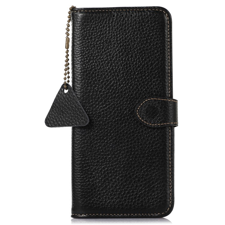 For iPhone 16 Plus Case Genuine Cow Leather Litchi Texture Phone Cover RFID Blocking Flip Stand - Black