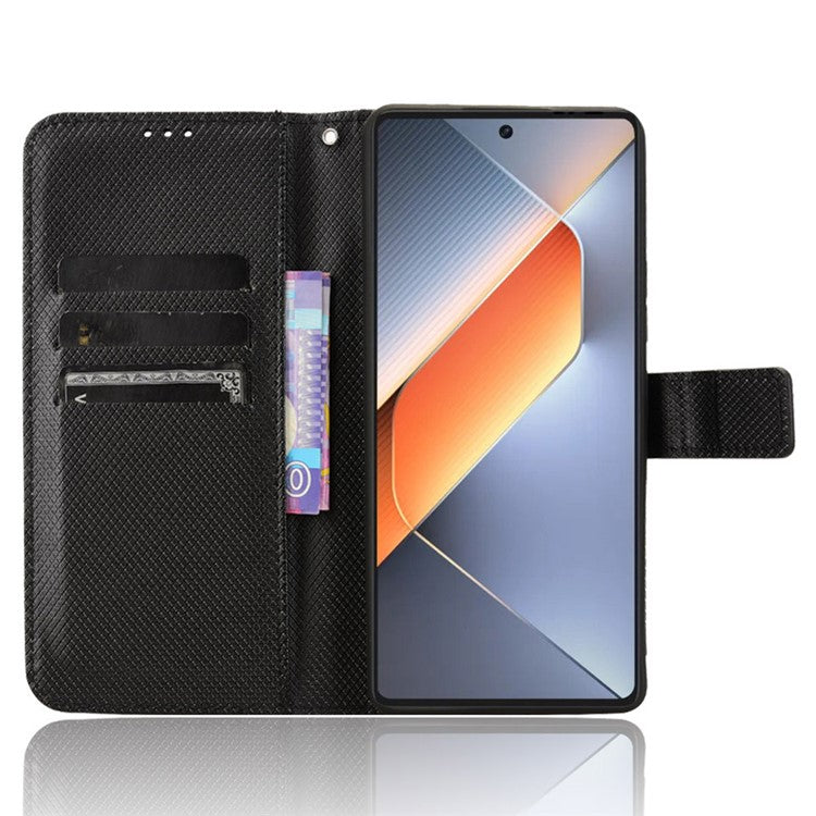 For TECNO Pova 6 4G Protective Case Diamond Texture Leather Phone Cover with Wallet - Black