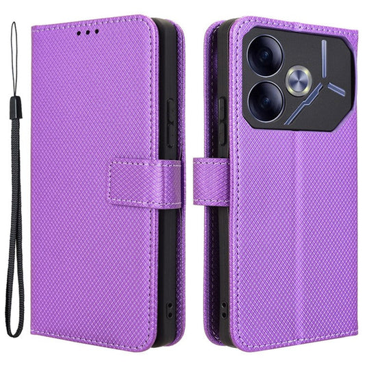 For TECNO Pova 6 4G Protective Case Diamond Texture Leather Phone Cover with Wallet - Purple