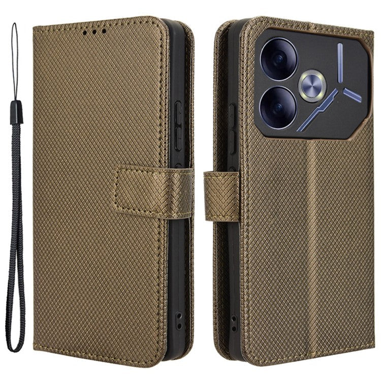 For TECNO Pova 6 4G Protective Case Diamond Texture Leather Phone Cover with Wallet - Brown