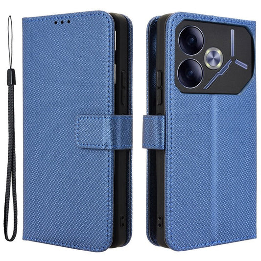 For TECNO Pova 6 4G Protective Case Diamond Texture Leather Phone Cover with Wallet - Blue