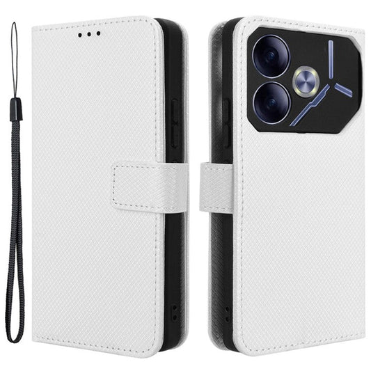 For TECNO Pova 6 4G Protective Case Diamond Texture Leather Phone Cover with Wallet - White