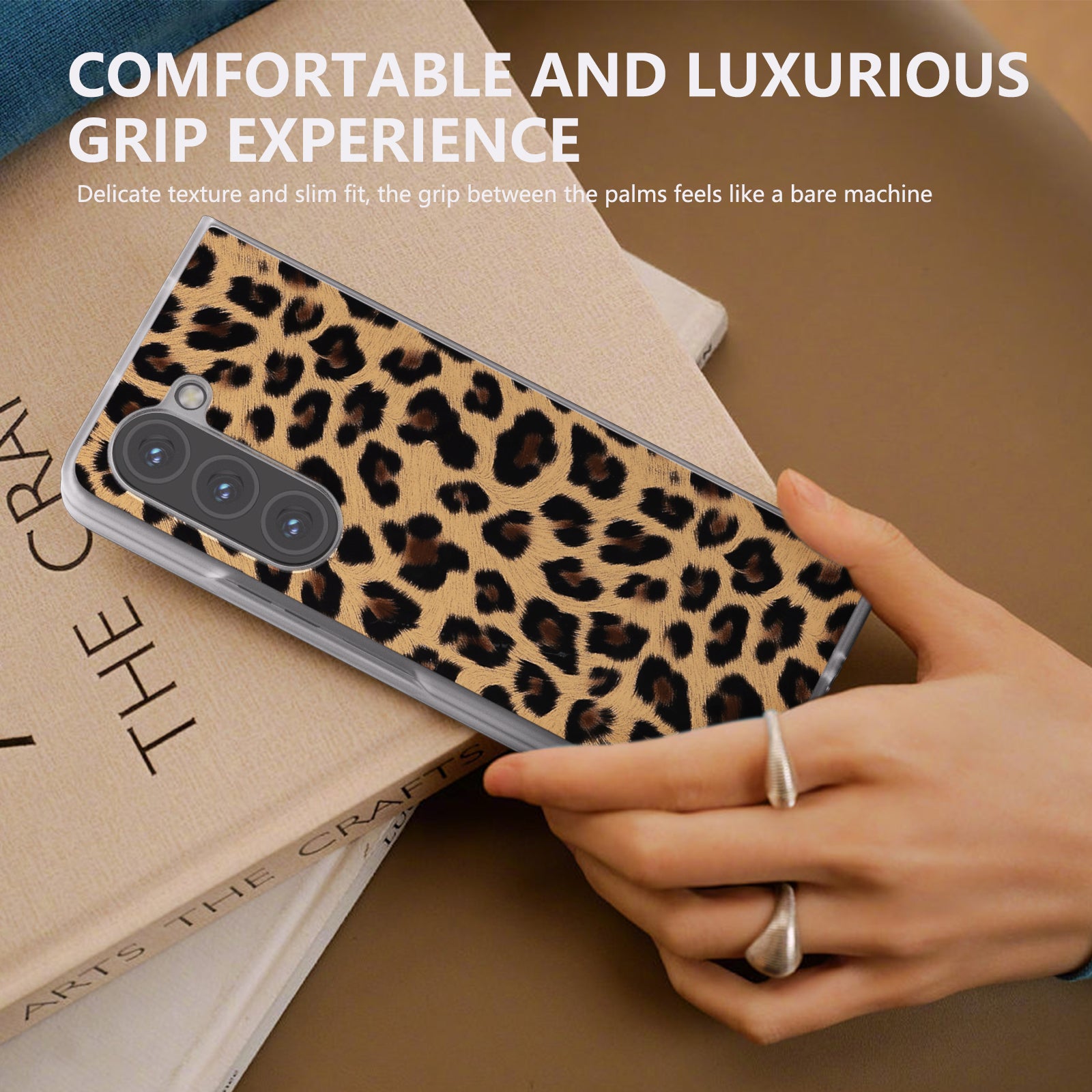 For Samsung Galaxy Z Fold6 5G Case Leather+PC Non-Slip Phone Cover Leopard Pattern - Champagne Gold