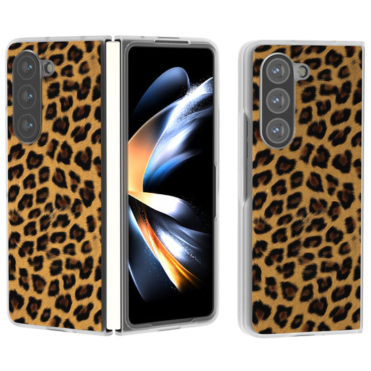 For Samsung Galaxy Z Fold6 5G Case Leather+PC Non-Slip Phone Cover Leopard Pattern - Gold