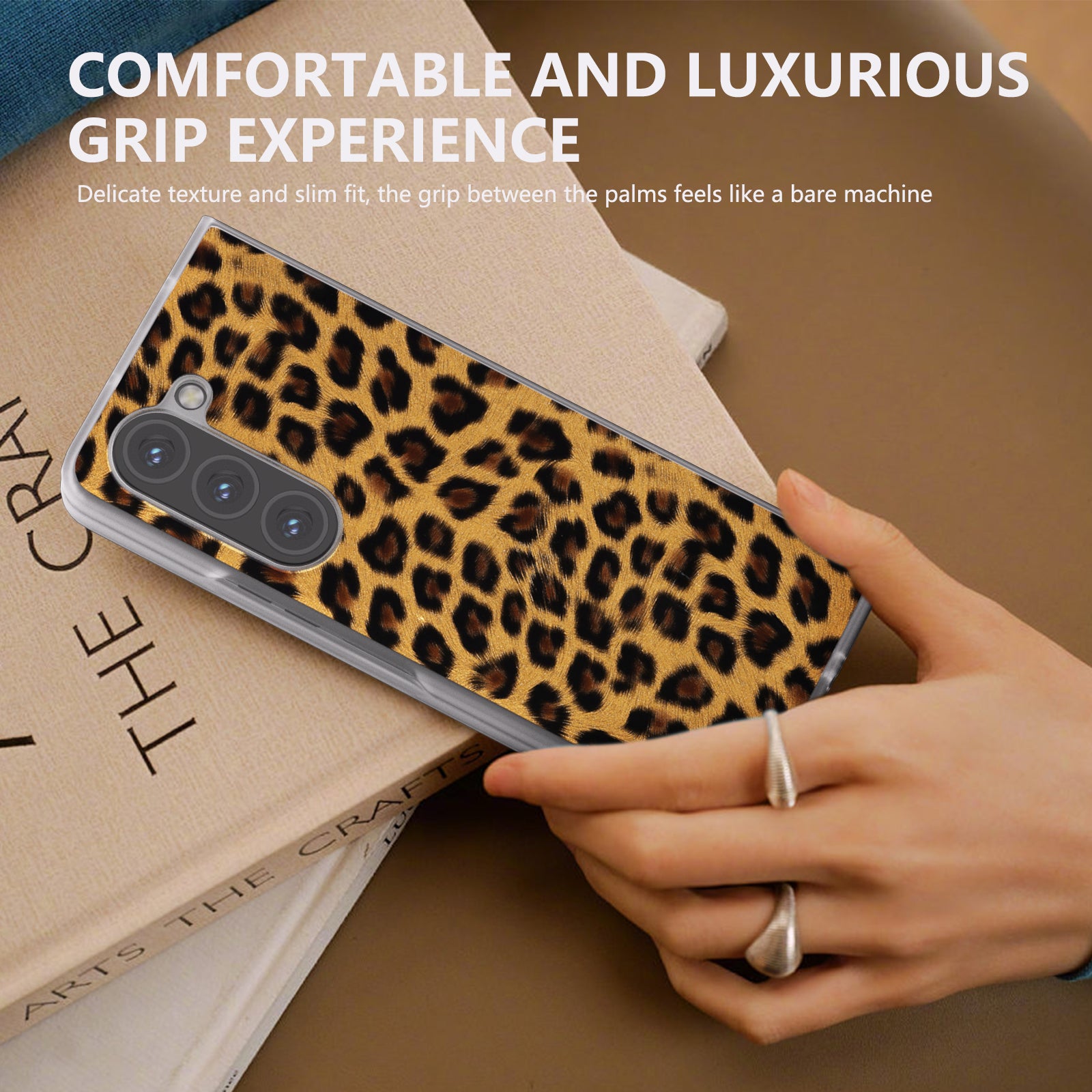 For Samsung Galaxy Z Fold6 5G Case Leather+PC Non-Slip Phone Cover Leopard Pattern - Gold