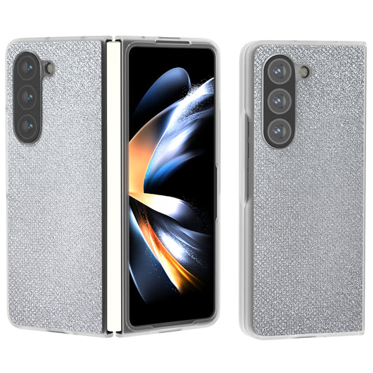 For Samsung Galaxy Z Fold6 5G Case Leather+PC Phone Cover Rhinestone Texture - Silver
