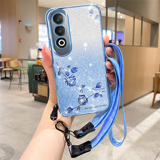 KADEM For OnePlus Nord CE4 5G TPU Case Flower Gradient Color Glitter Cover with Lanyard - Blue