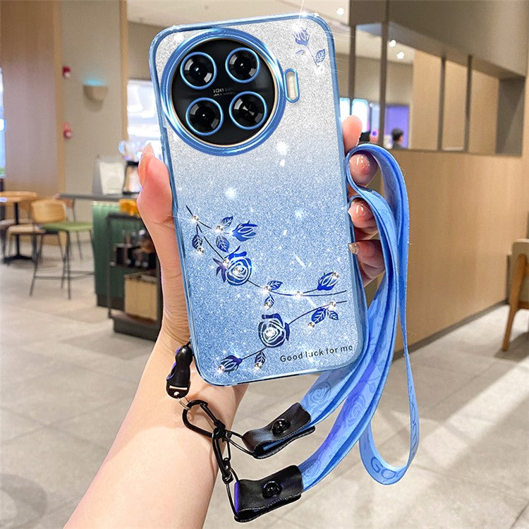 KADEM For TECNO Spark 20 Pro+ Case Flower Glitter Soft TPU Cover with Lanyard - Blue