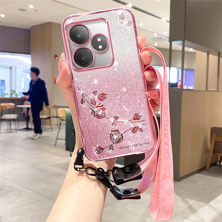 KADEM For Realme GT Neo6 SE 5G Case Flower Glitter TPU Phone Cover with Lanyard - Rose Gold