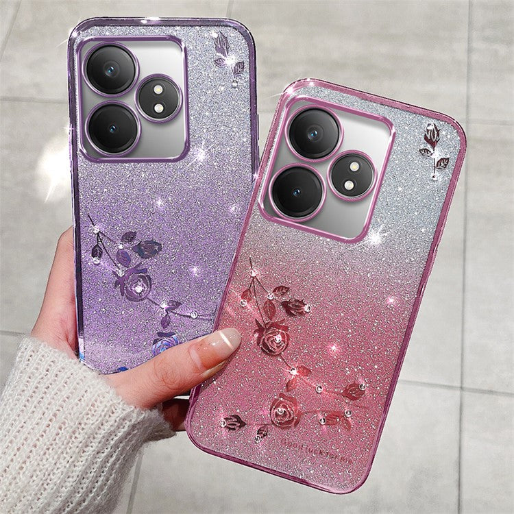 KADEM For Realme GT Neo6 SE 5G Case Flower Glitter TPU Phone Cover with Lanyard - Rose Gold